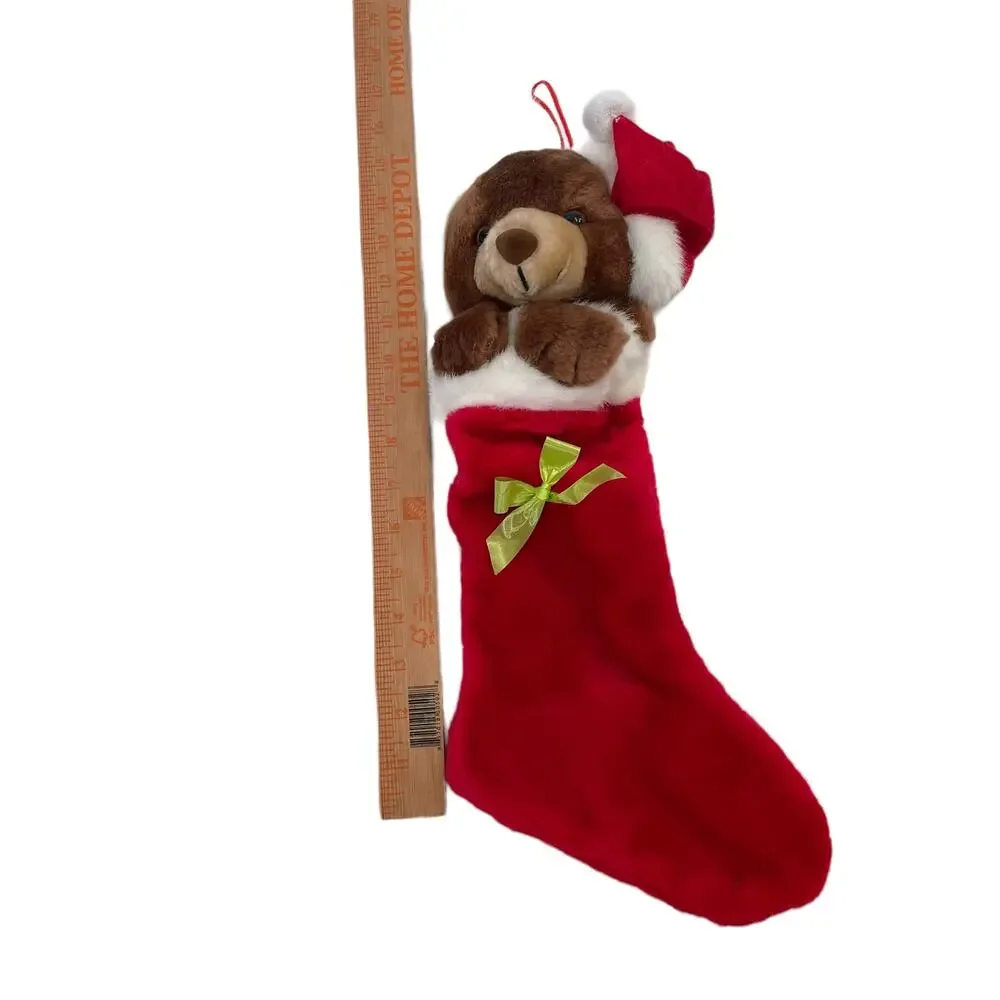 Vintage Christmas Stocking Teddy Bear Plush Santa Hat Red 1988 READ DSCPRT